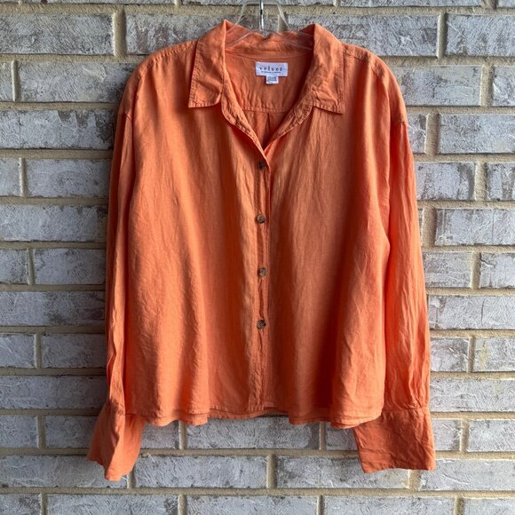 Velvet by Graham & Spencer Long Sleeve Button Up 100% Linen Shirt Women's Size L - Picture 1 of 8